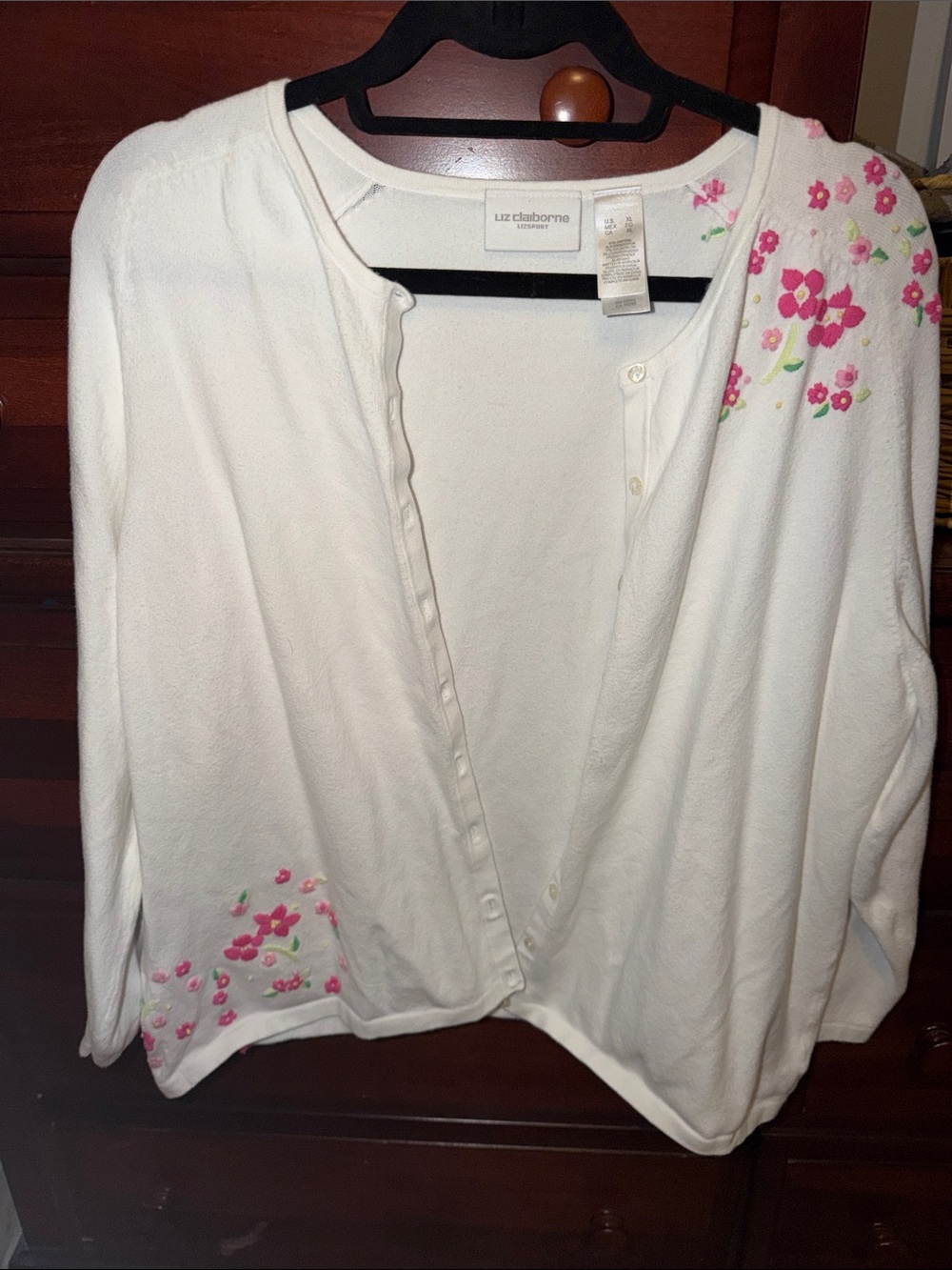 Liz Claiborne White Button-Front Top with Pink Floral Embroidery